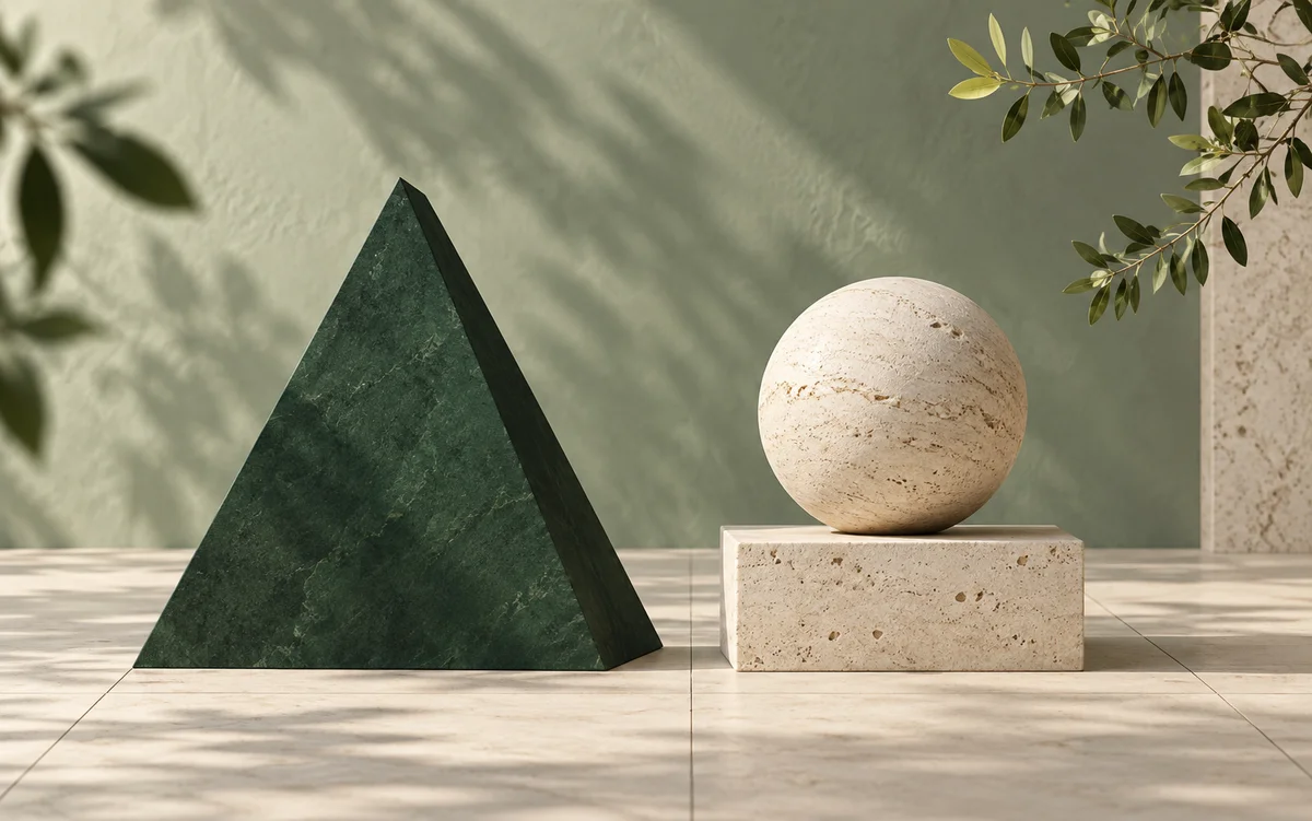 An illustration of sculpted green and cream forms arranged on a precise grid