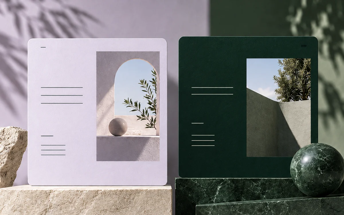 An illustration of two contrasting website designs in lavender and forest green